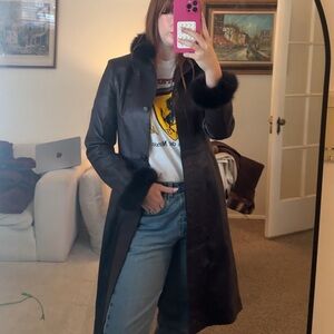 Vintage Lanvin Burgundy/Brown LeatherFur-Trimmed Coat